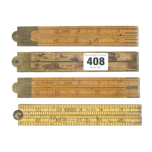 408 - Four 2' four fold boxwood and brass rules by STANLEY No 51, 62 (brass bound) 63 and 163 G