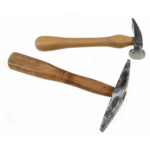 571 - A continental hammer with some decoration and a cobbler's hammer both with well replaced handles G+