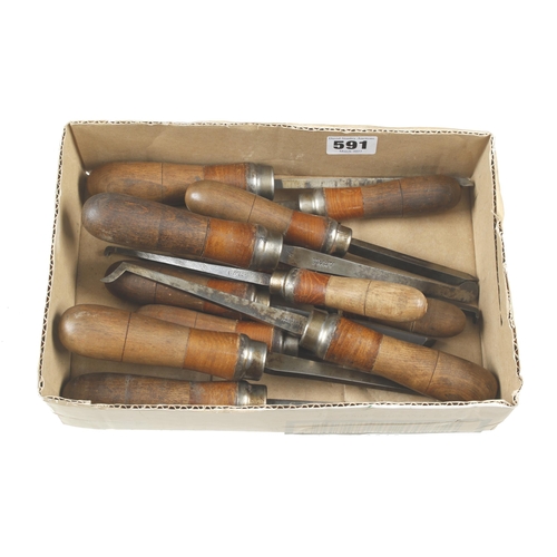 591 - A set of 12 ornamental turning tools with matching handles G+