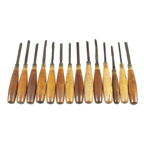 592 - A set of 12 ornamental turning tools by PLANT & SON with similar handles to the previous lot G+