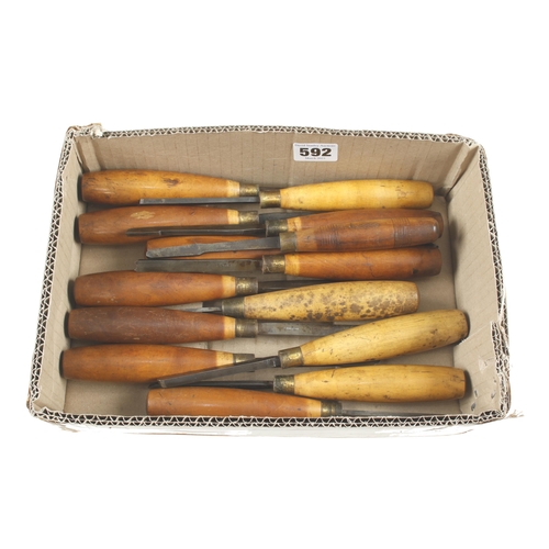 592 - A set of 12 ornamental turning tools by PLANT & SON with similar handles to the previous lot G+