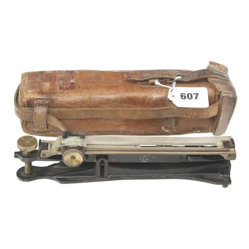 607 - An artillery inclinometer with 1938 and Broad Arrow in leather case marked Timbers 1940 G