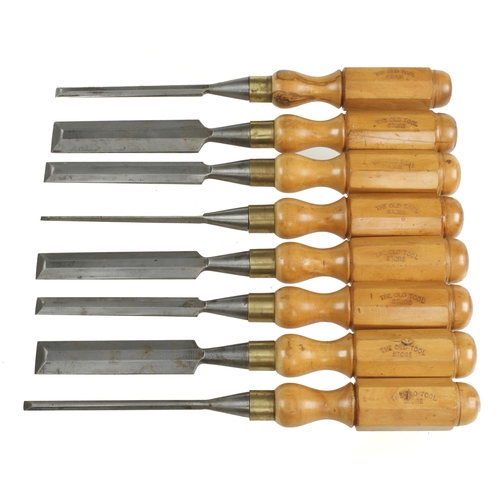 633 - A set of 8 bevel edge chisels with boxwood handles marked 