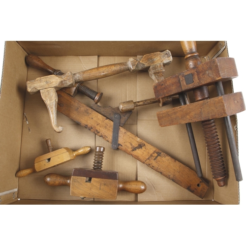 728 - A bookbinder's plough, lacks iron, two screwboxes, two screwboxes etc G