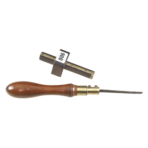 806 - A little used rosewood and brass fret saw by GROVES and an unusually small rosewood mortice gauge by... 