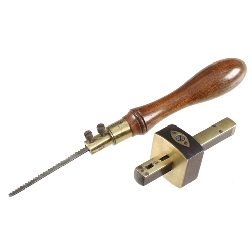 806 - A little used rosewood and brass fret saw by GROVES and an unusually small rosewood mortice gauge by... 