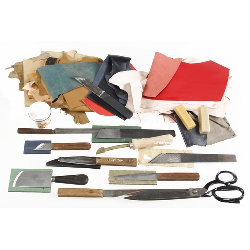 818 - Quantity of bookbinder's paraphernalia incl. leatherette, knives, beeswax etc etc G