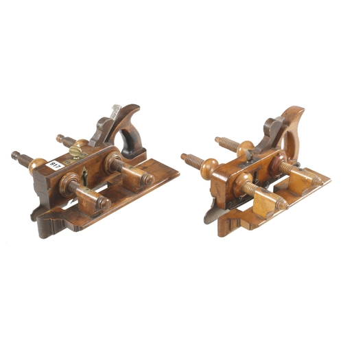 917 - Two nice quality unnamed handled screwstem plough planes with skate fronts, one with extra brass pla... 