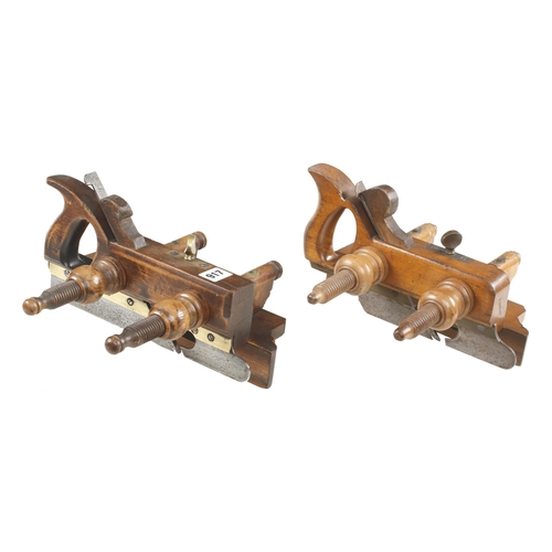 917 - Two nice quality unnamed handled screwstem plough planes with skate fronts, one with extra brass pla... 