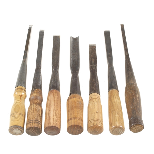 180 - Six socket mortice chisels and a gouge G+