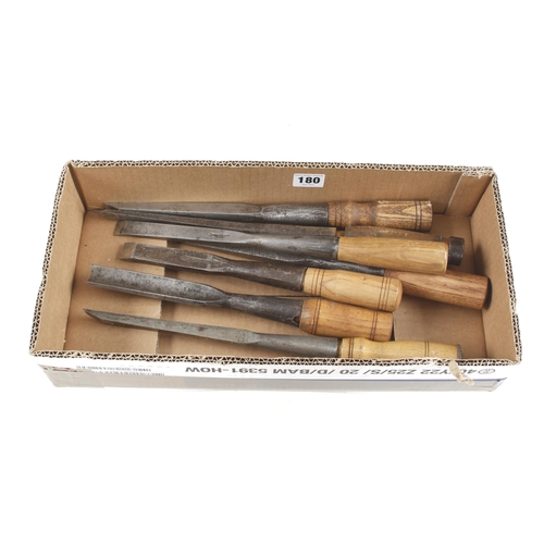 180 - Six socket mortice chisels and a gouge G+