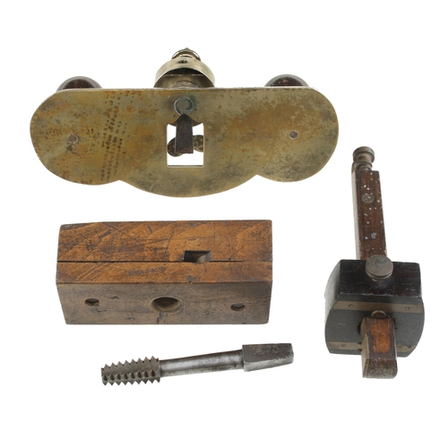 189 - A mortice gauge by DISSTON, a screwbox & tap and a brass router G+