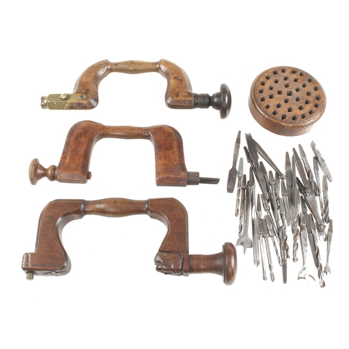 209 - A chairmaker's beech brace, two others and a quantity of bits G