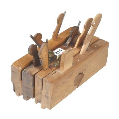 214 - Three wood planes (one lacks nicker iron) and a T & G plane G+