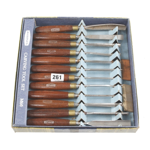 261 - A little used set of 12 carving tools by MARPLES No M60 in orig box, a few pitting spots G+