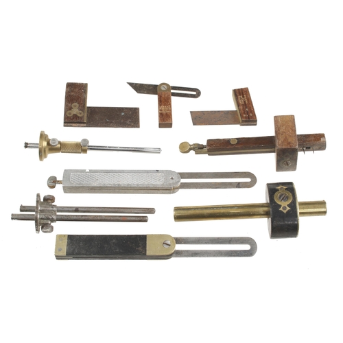 262 - A brass stemmed ebony mortice gauge (requires new pins) and 8 other squares and gauges G