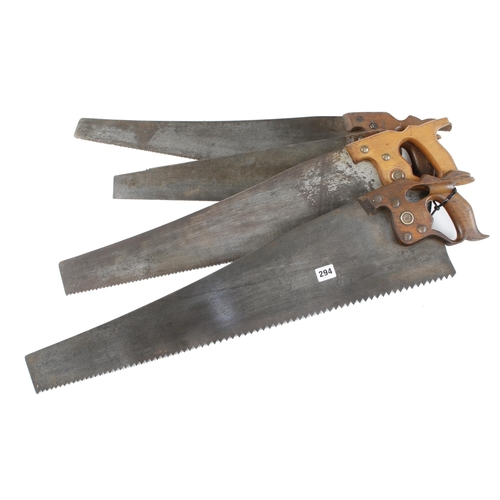 294 - Two DISSTON saws, a finger hole handle saw by S & J and another G