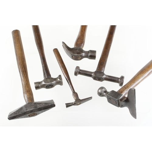 316 - Six specialist hammers incl. veneer, farriers, clock and coppersmith's G