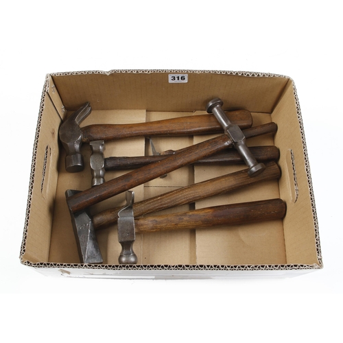 316 - Six specialist hammers incl. veneer, farriers, clock and coppersmith's G