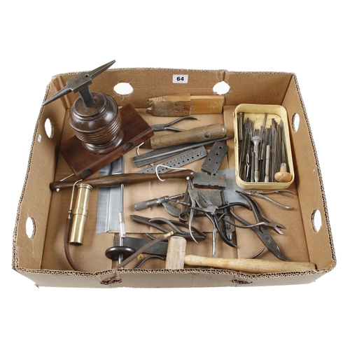 64 - Quantity of jeweller's tools incl. pump drill, anvil, blow lamp, pliers, forming blocks etc G