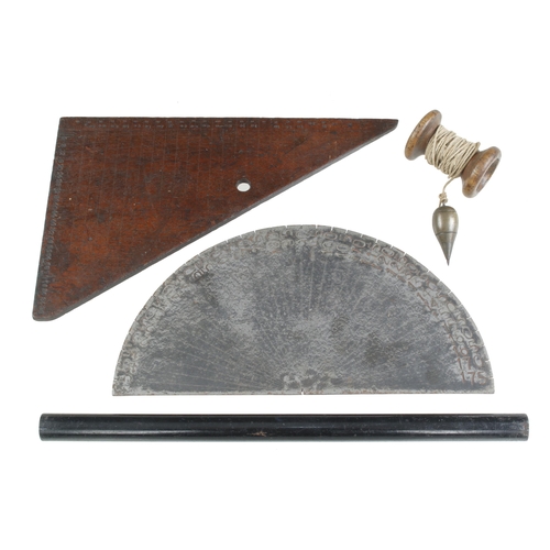 666 - An iron protractor, mahogany square, ebony rolling rule and brass plumb bob G