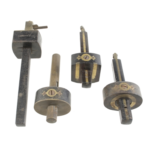 675 - A rosewood cutting gauge (split to head) and 3 rosewood and brass mortice gauges G