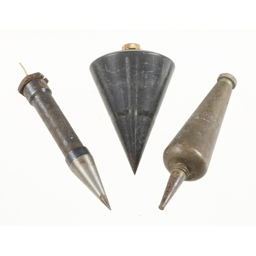 723 - A conical steel plumb bob and two others G+