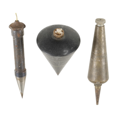 723 - A conical steel plumb bob and two others G+