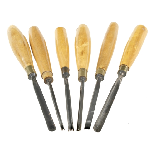 793 - Six narrow named carving tools with boxwood handles G+