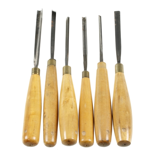 793 - Six narrow named carving tools with boxwood handles G+