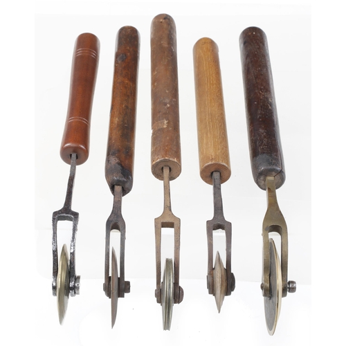 840 - Five bookbinder's brass lining tools G+