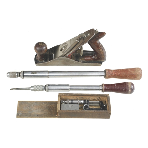 731 - A MILLERS FALLS No 9 smoother, two Yankee screwdrivers and a micrometer G+