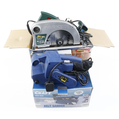 119 - Unused belt sander by POWERCRAFT and a PARKSIDE circular saw both in orig boxes 240v Pat tested