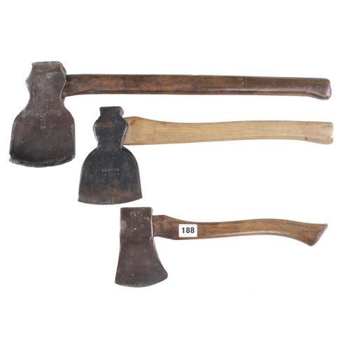 188 - A railway axe stamped G.N.R, a plumb axe stamped US 1944 and hand axe with chamfered head by ELWELL ... 