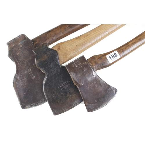 188 - A railway axe stamped G.N.R, a plumb axe stamped US 1944 and hand axe with chamfered head by ELWELL ... 