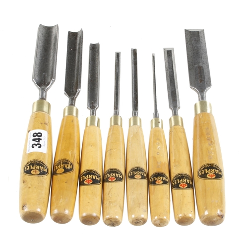 348 - A set of 4 bevel edge chisels and 4 gouges by MARPLES with orig trade labels on boxwood handles G++