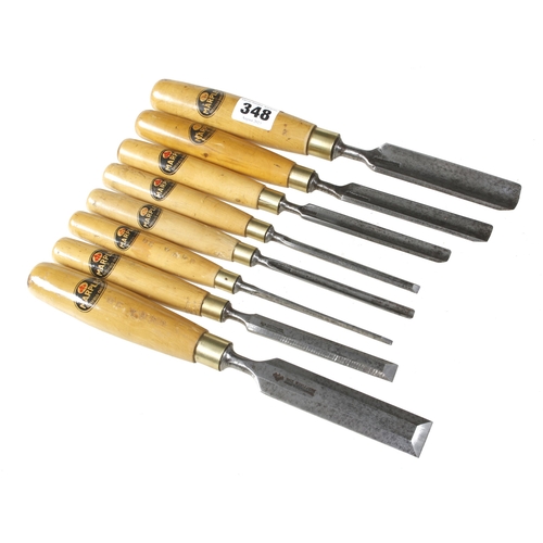 348 - A set of 4 bevel edge chisels and 4 gouges by MARPLES with orig trade labels on boxwood handles G++