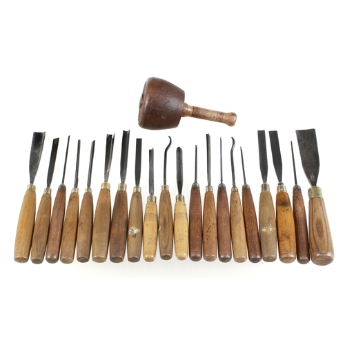 349 - 20 carving tools by HENRY TAYLOR and a mallet G+