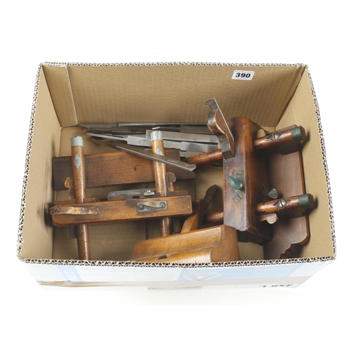 390 - A plough with 11 irons, sash fillister and a router G+