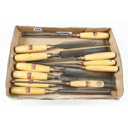 448 - A set of 10 long patternmaker's gouges and a 1/4