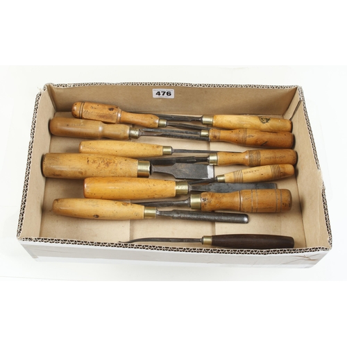 476 - 11 chisels and gouges with boxwood handles and another with rosewood handle G+