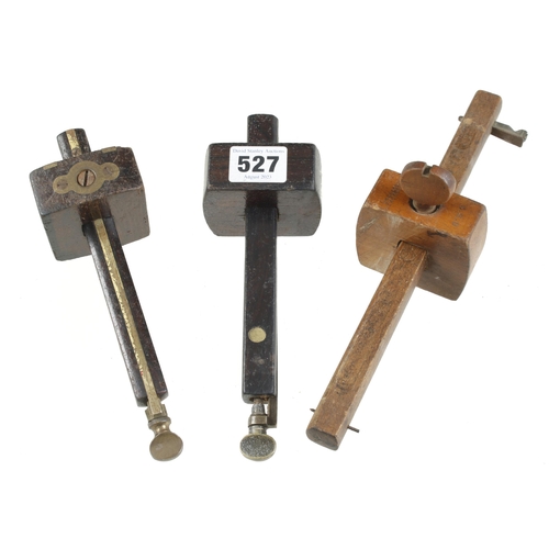 527 - Two rosewood and brass mortice gauges and a cutting gauge G+