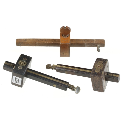 527 - Two rosewood and brass mortice gauges and a cutting gauge G+