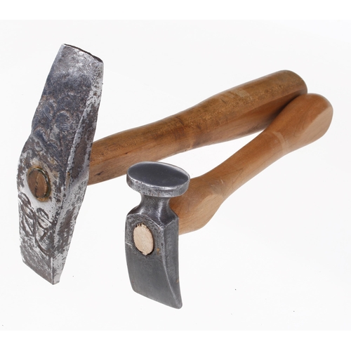 584 - A Continental hammer with some decoration and a cobbler's hammer, both with well replaced handles G+