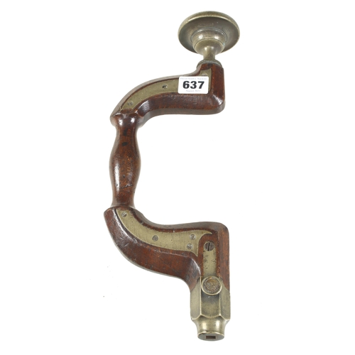 637 - A brass plated beech brace by Jos'h COOPER with large button pad, dent to brass head G