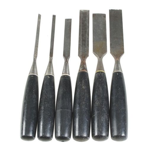 680 - A set of 6 bevel edge chisels with composite handles, one marked STANLEY, a few chips G