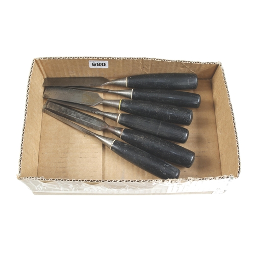 680 - A set of 6 bevel edge chisels with composite handles, one marked STANLEY, a few chips G