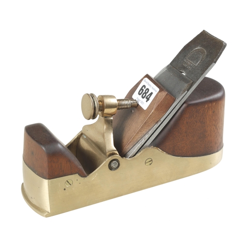 684 - A brass smoother with mahogany infill, brass lever requires attention G