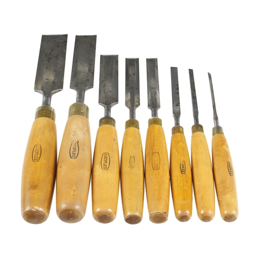 740 - A set of 8 bevel edge chisels by MARPLES with boxwood handles 1/8