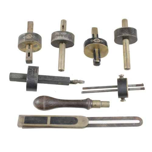 746 - Six ebony and brass mortice gauges (two pins missing) a bevel and a pad saw G